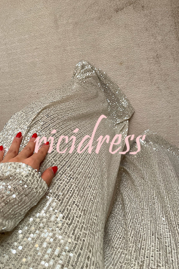 Fashionable Shiny Sequined Long-Sleeved Cropped Top and Casual Wide-Leg Pants Set