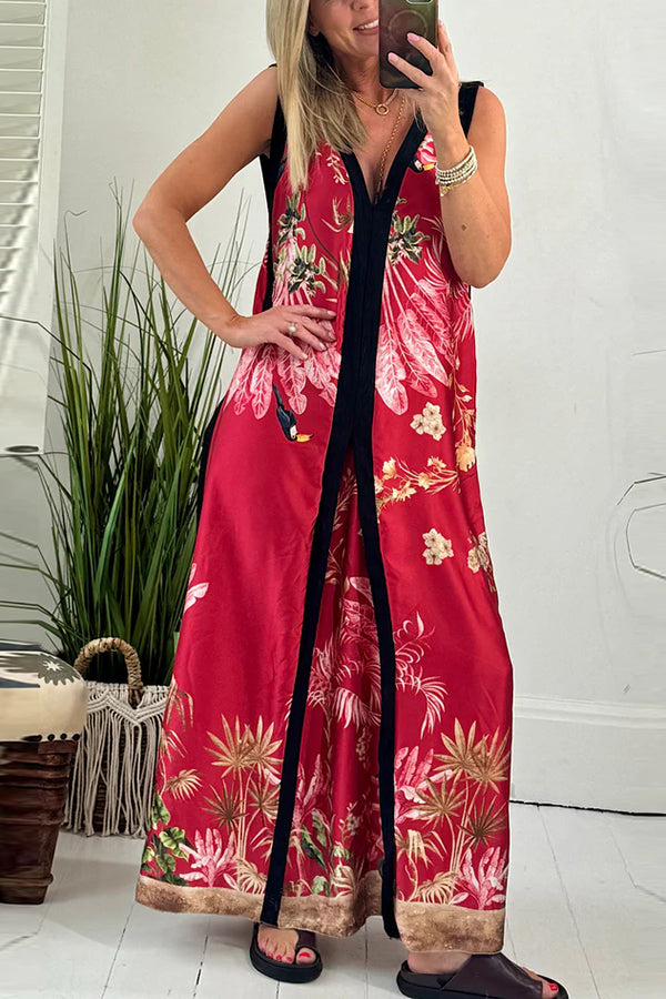 Vanna Unique Tropical Print Black Patchwork Detail A-line Maxi Dress
