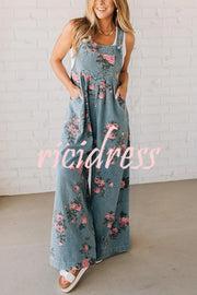 Fashion Floral Print Casual Button Pocket Loose Denim Overalls