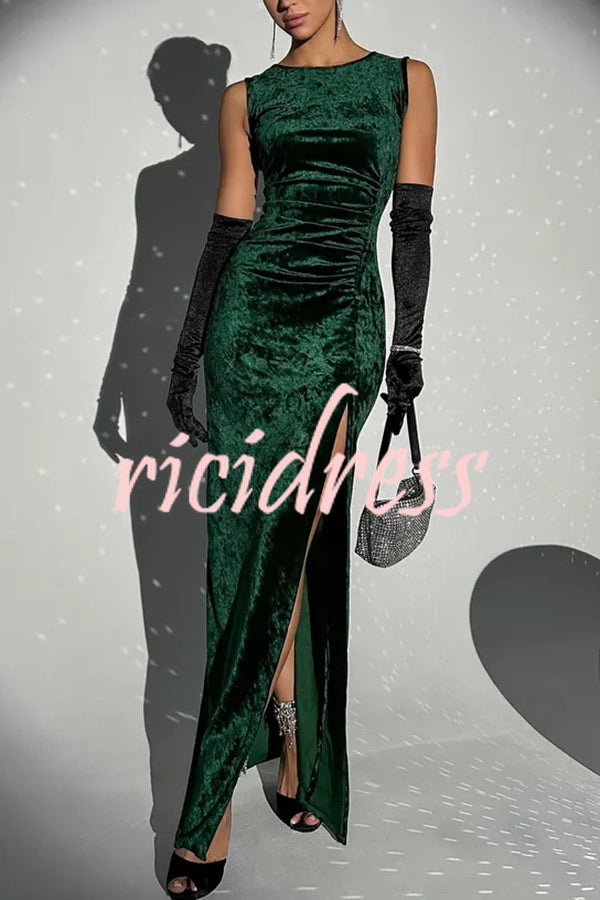 Solid Color Velvet Round Neck Sleeveless Slim Slit Maxi Dress