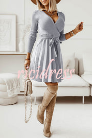 Pioe V Neck Pleated Knit Lace Up Mini Dress
