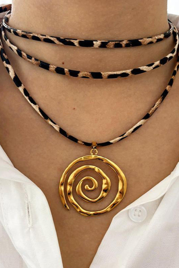 Stylish Leopard Print Leather Cord Spiral Stainless Steel Necklace