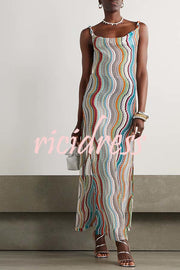 Clarissa Knit Colorful Wave Print Cowl Neck Open Back Slit Maxi Dress