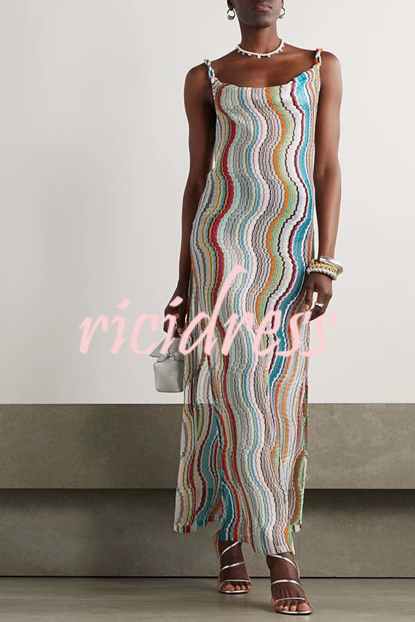 Clarissa Knit Colorful Wave Print Cowl Neck Open Back Slit Maxi Dress