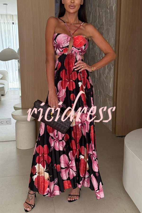 Casey Satin Floral Print Cutout Halter Back Tie-up Pleated Maxi Dress