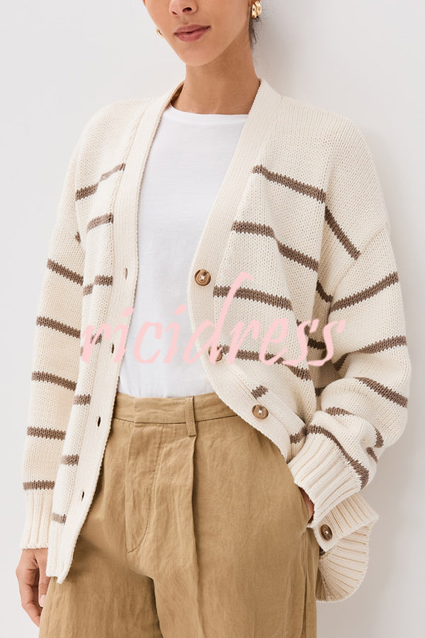 Striped Loose V-neck Long-sleeved Casual Knit Cardigan