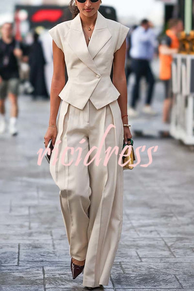 Raya Single Button Cape Sleeve Tie-up Lapel Top and  Pleated Waist Pocket Pants Set