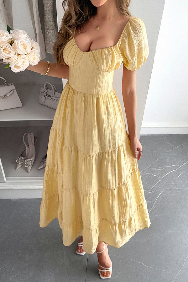 Solid Color V-neck Puff Sleeve Casual Holiday Style Midi Dress