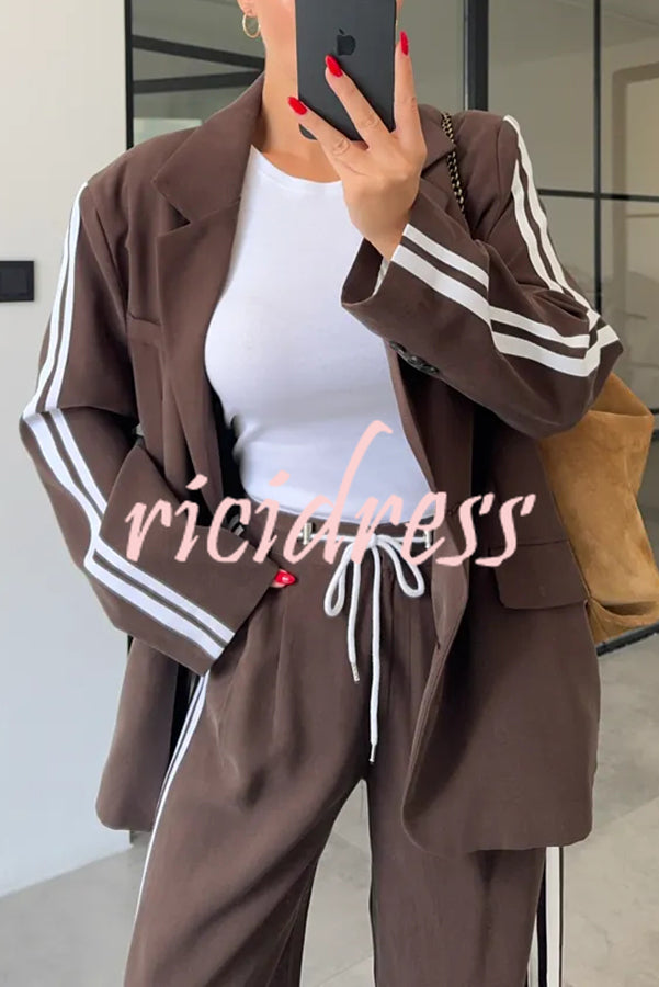 Levvie Striped Trim Long Sleeve Lapel Blazer and Rope Belt Pocketed Wide Leg Pants Set