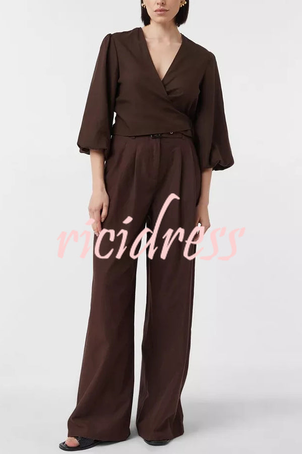 Lets Go Out Linen Blend Balloon Sleeve Wrap Tie-up Loose Top