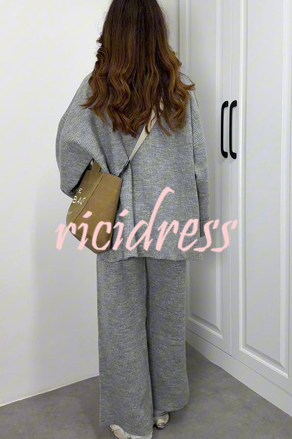 Solid Color Loose Long-sleeved Knit Top and Elastic Waist Casual Straight Leg Pants Set