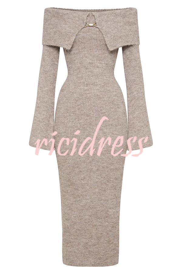 Solid Color Off-shoulder Long-sleeved Elegant Slim-fit Knit Maxi Dress