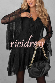 Feeling Lighthearted Lace Ruffle Neck Bell Sleeve Layered Hem A-line Mini Dress