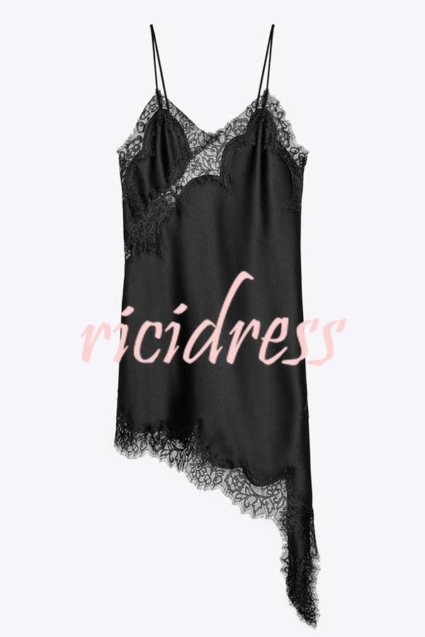 Elouise Satin Lace Trim V-neck Asymmetrical Hem Slip Mini Dress