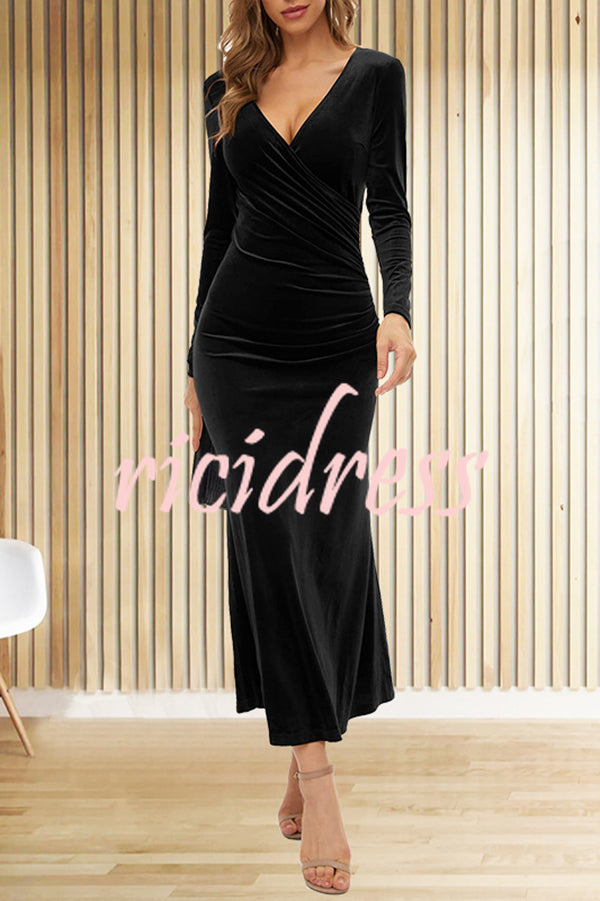 Solid Color Velvet Long Sleeve V-neck Slim Fit Fishtail Maxi Dress