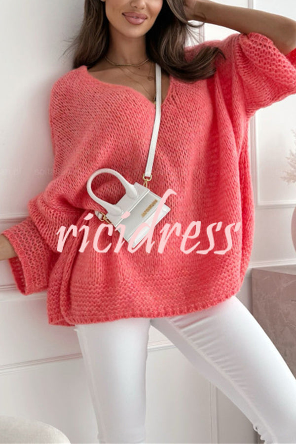 Solid Color Loose V-neck Casual Knitted Sweater