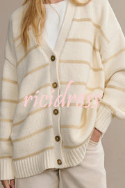 Striped Loose V-neck Long-sleeved Casual Knit Cardigan