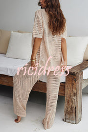 Fashion Hollow Loose Short-sleeved Top and Elastic Waist Casual Wide-leg Pants Set