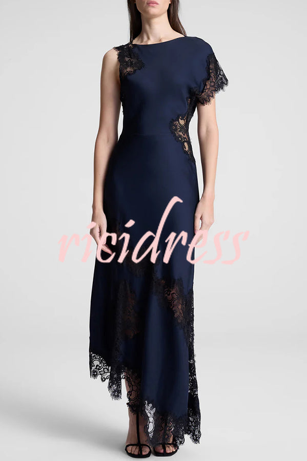 Paris Dream Satin Lace Trim Irregular Design Drape Maxi Dress