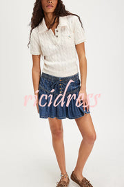 Solid Color Elastic Waist Button Tie Denim Mini Skirt