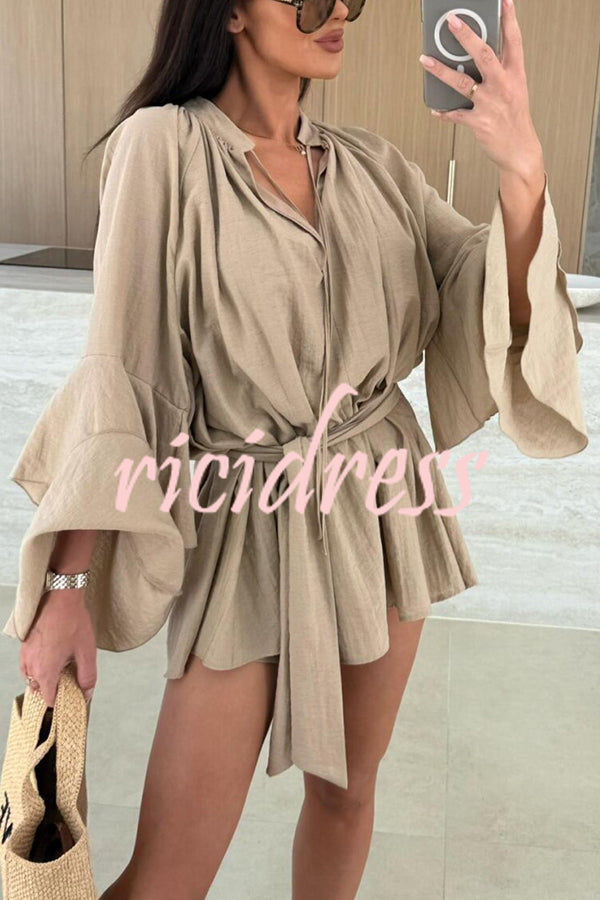 Molly Linen Blend Tiered Bell Sleeve Tie-up Cover-up Mini Dress