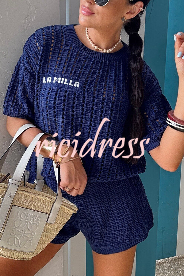 Fashionable Hollow Knit Short-sleeved Top and Elastic High-waist Casual Shorts Set