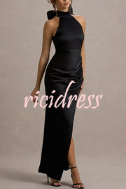 Maureen Satin High Neck Ruched Ruffle Slit Draped Maxi Dress