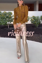Palace Style Crochet Flower Lace Stand Neck Button Puff Sleeve Jacket