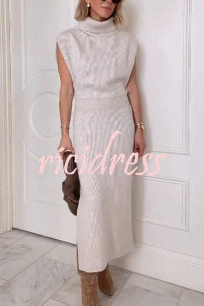 Solid Color Sleeveless Knitted Elegant Waist Midi Dress