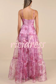 Exclusive Glamour Organza Floral Print Tiered Slip Maxi Dress