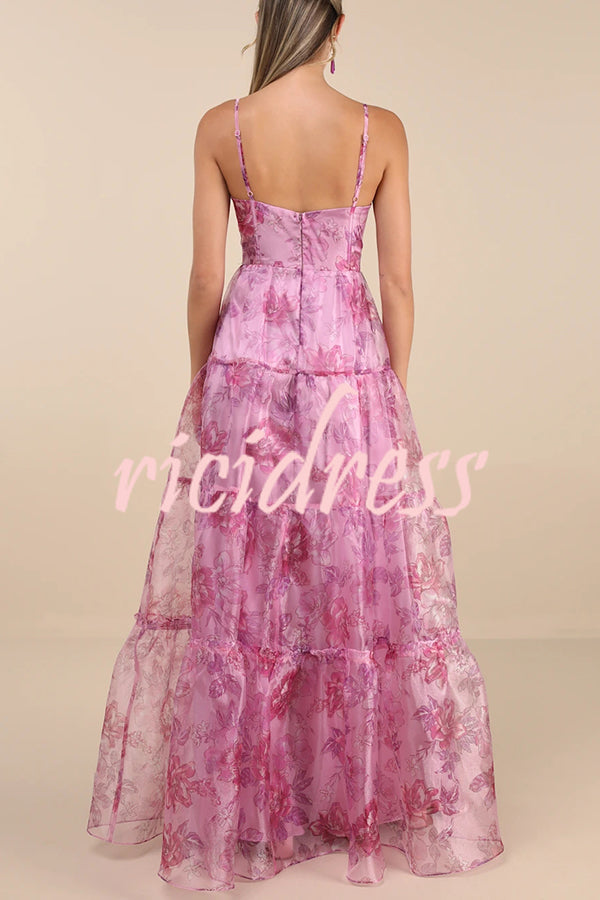Exclusive Glamour Organza Floral Print Tiered Slip Maxi Dress