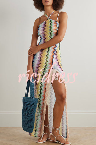 Playful Knit Colorful Zigzag Pattern Halter Slit Tassle Trim Maxi Dress