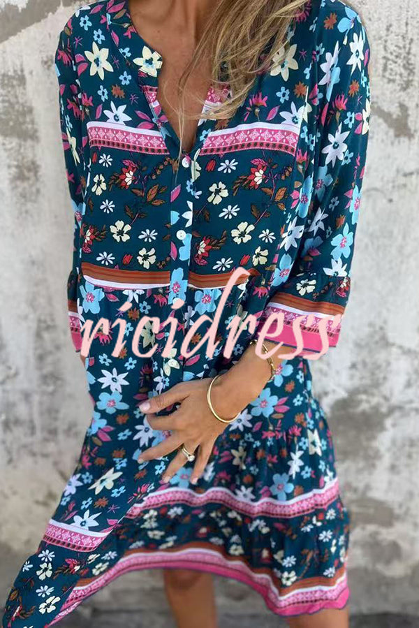 Ethnic Floral Print V-neck Loose Pocket Mini Dress