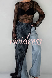 Sexy Openwork Lace Long-sleeved Asymmetrical Casual Top