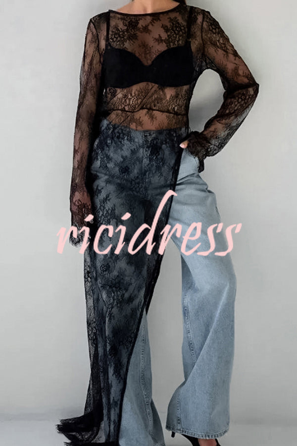 Sexy Openwork Lace Long-sleeved Asymmetrical Casual Top