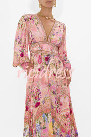 Fairy Tale Print V-Neck Lantern Sleeve Waist Maxi Dress