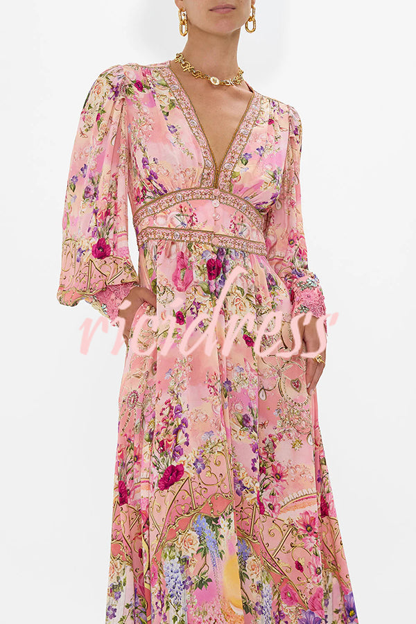 Fairy Tale Print V-Neck Lantern Sleeve Waist Maxi Dress