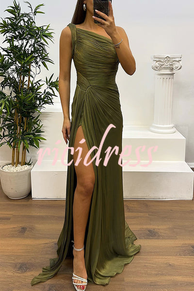 Fashion One-shoulder Pleated Ribbon Slim Slit Maxi Dress