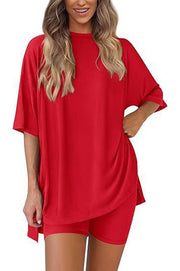 Solid Color Loose Short-sleeved Top and Stretch Casual Shorts Set