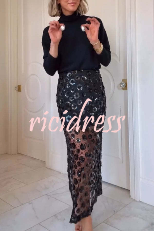 Gorgeous Flower Embellished Sequin Sheer High Rise Slit Midi Skirt