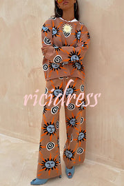 Mediterranean Art Knit Unique Sun Vortex Print Long Sleeve Relaxed Sweater