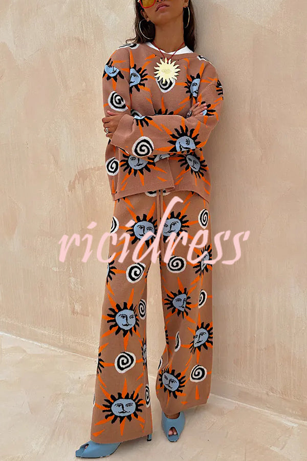 Mediterranean Art Knit Unique Sun Vortex Print Long Sleeve Relaxed Sweater