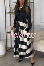 Lindsey Satin Colorblock Contrast Long Sleeve Belted Shirt Maxi Dress