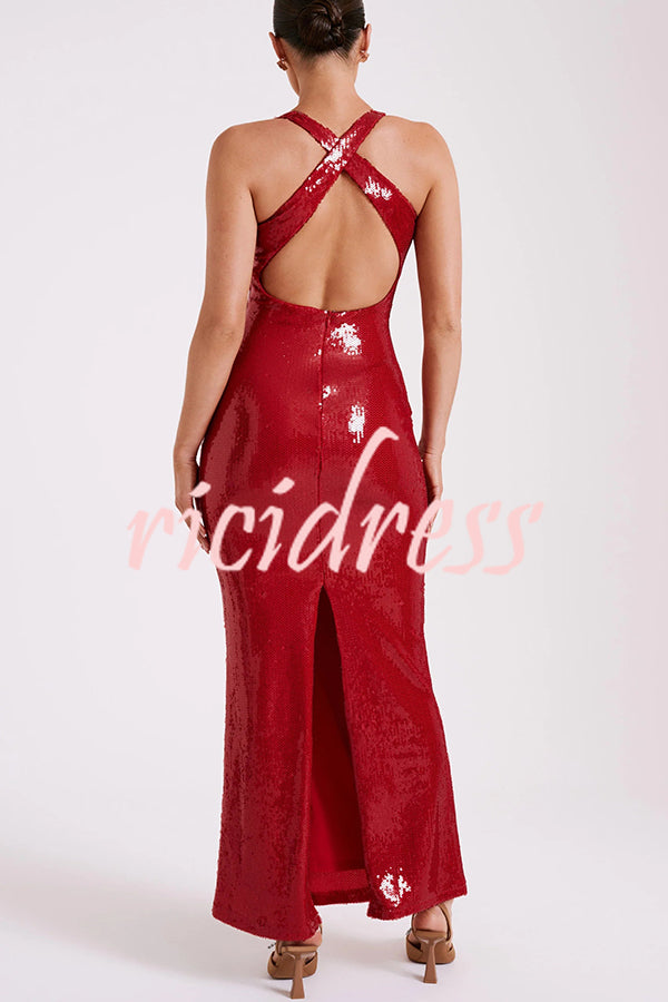 Sicilian Rose Sequin Three-dimensional Floral Sexy Backless Maxi Dress