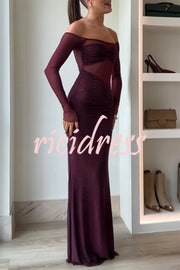 Forever Shimmering Sequin Mesh Patchwork Long Sleeve Strapless Stretch Maxi Dress