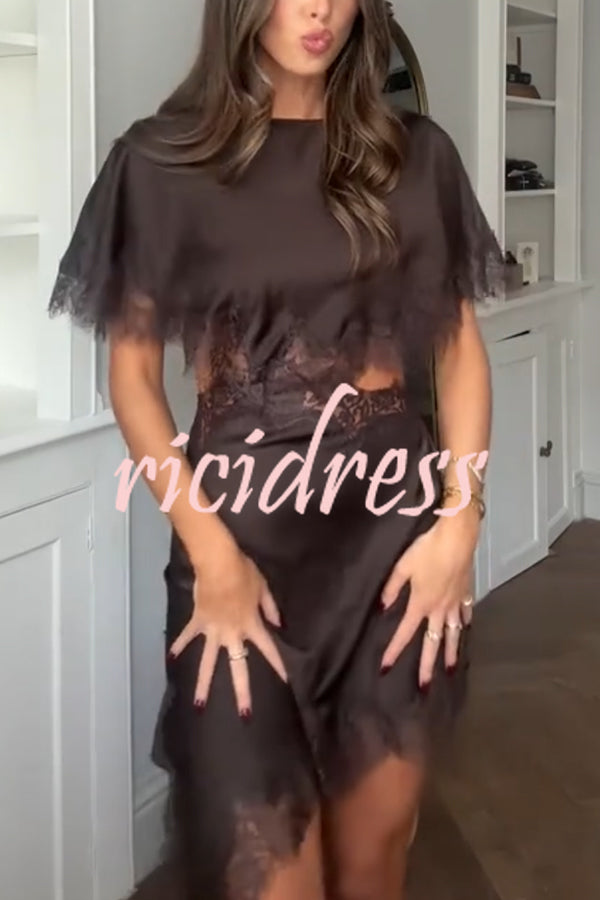 Jessica Satin Lace Trim Cape Sleeves Cutout Waist Asymmetrical Hem Midi Dress