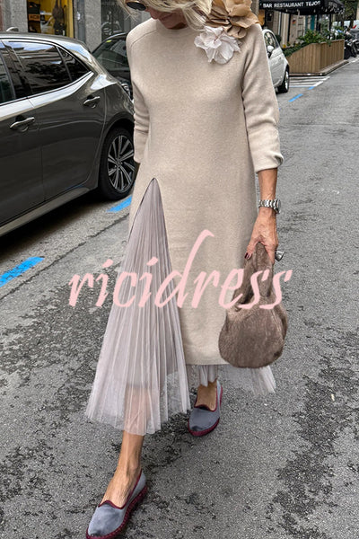 Jollie Knit Long Sleeve Front Slit Midi Sweater and Pleated Tulle Stretch Tank Midi Dress Two-piece Set