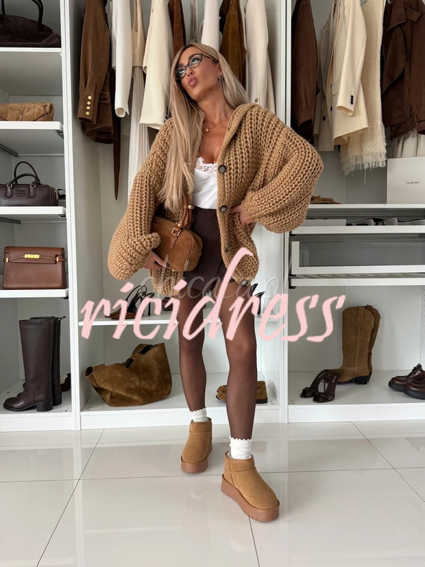 Warm Day Knit Button Up Long Balloon Sleeve Hooded Loose Cardigan
