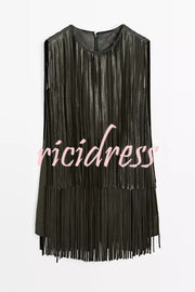 Modern Times Faux Leather Layered Tassel Design Sleeveless H-line Mini Dress