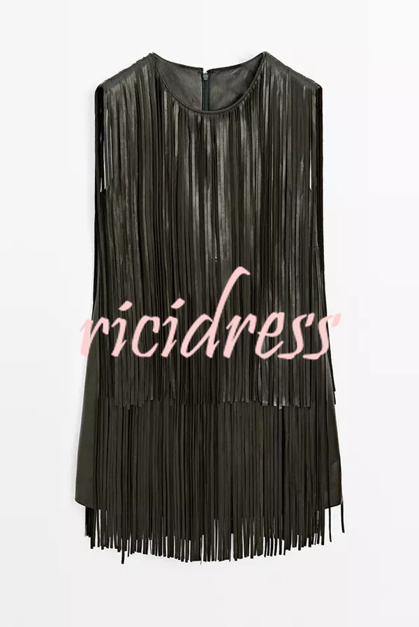 Modern Times Faux Leather Layered Tassel Design Sleeveless H-line Mini Dress